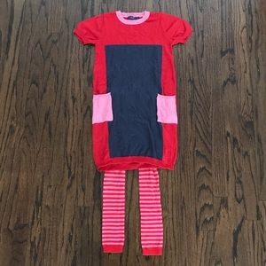 Toobydoo Red Knit Colorblock Dress + Stripe Tights